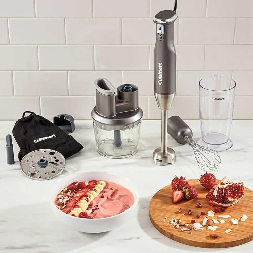 Cuisinart Batidora de Inmersión 400W HB-400ES con Accesorios Plata | Incluye Mini procesador con cuchillas y disco rallador,Batidor globo, 5 velocidades, Botón bloqueo, Bolsa almacenamiento