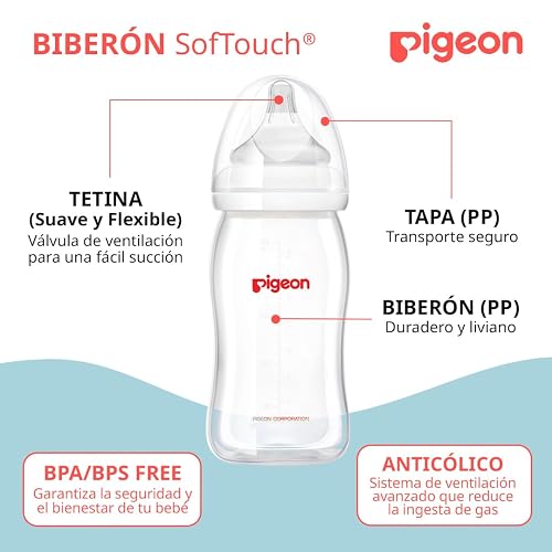 PIGEON SofTouch | Biberón Para Bebés De 3 Meses En Adelante | Simula Lactancia Materna | Tecnología Japonesa | Reduce Cólicos | 240 ml | Color Blanco.