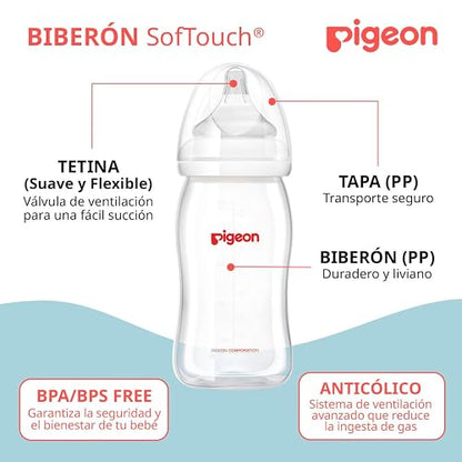 PIGEON SofTouch | Biberón Para Bebés De 3 Meses En Adelante | Simula Lactancia Materna | Tecnología Japonesa | Reduce Cólicos | 240 ml | Color Blanco.