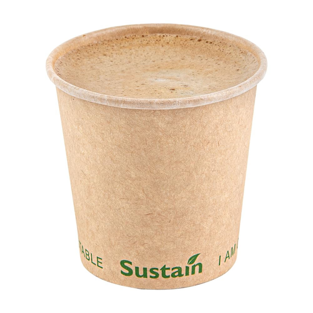 Restaurantware Sustain - Tazas calientes de 4 onzas, 50 tazas de café de una sola pared, tapas se venden por separado, revestimiento de PLA a prueba de fugas, taza de papel kraft compostable, tolera