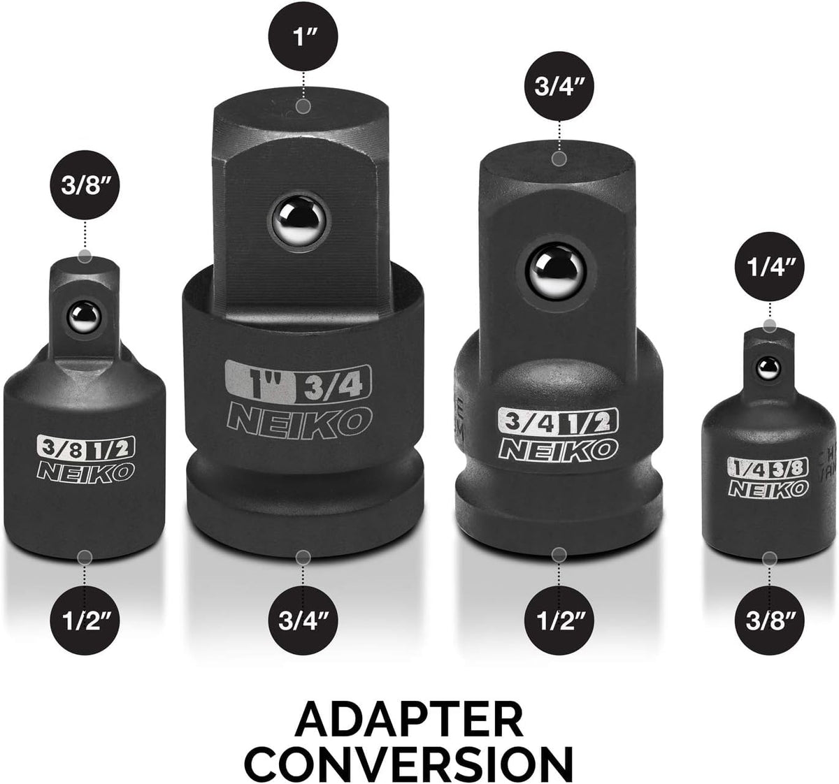 Neiko Adaptadores Reductores Impacto 30223A | 8 piezas, tamaños SAE estándar, acero Cr-V, detente de bola, square drive