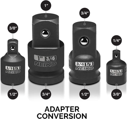Neiko Adaptadores Reductores Impacto 30223A | 8 piezas, tamaños SAE estándar, acero Cr-V, detente de bola, square drive