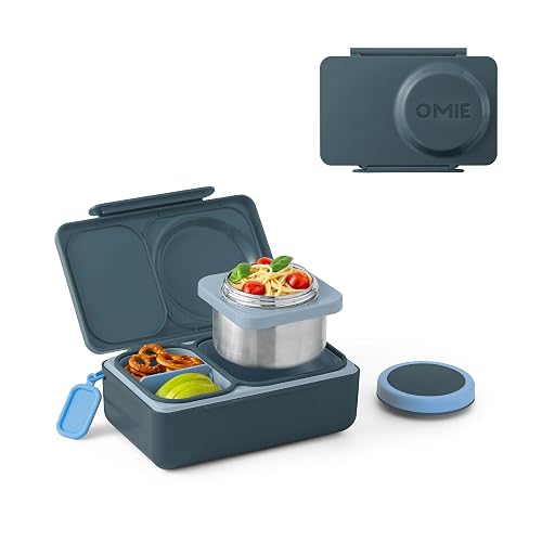OmieBox UP Bento Box para niños | Lonchera aislada | Tarro de alimentos termo a prueba de fugas | Paquete de hielo enfriador | 2 compartimentos (grafito)
