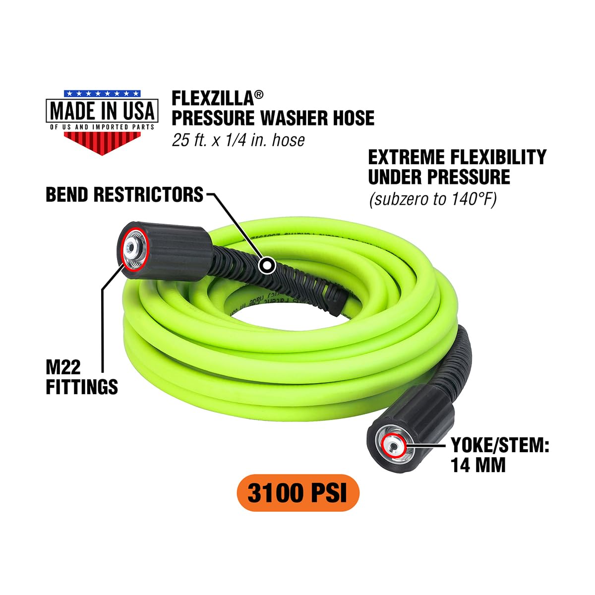 Legacy Manufacturing Flexzilla Manguera de Lavado a Presión con Accesorios M22, 1/4 in x 7.6 m, HFZPW3425M-E