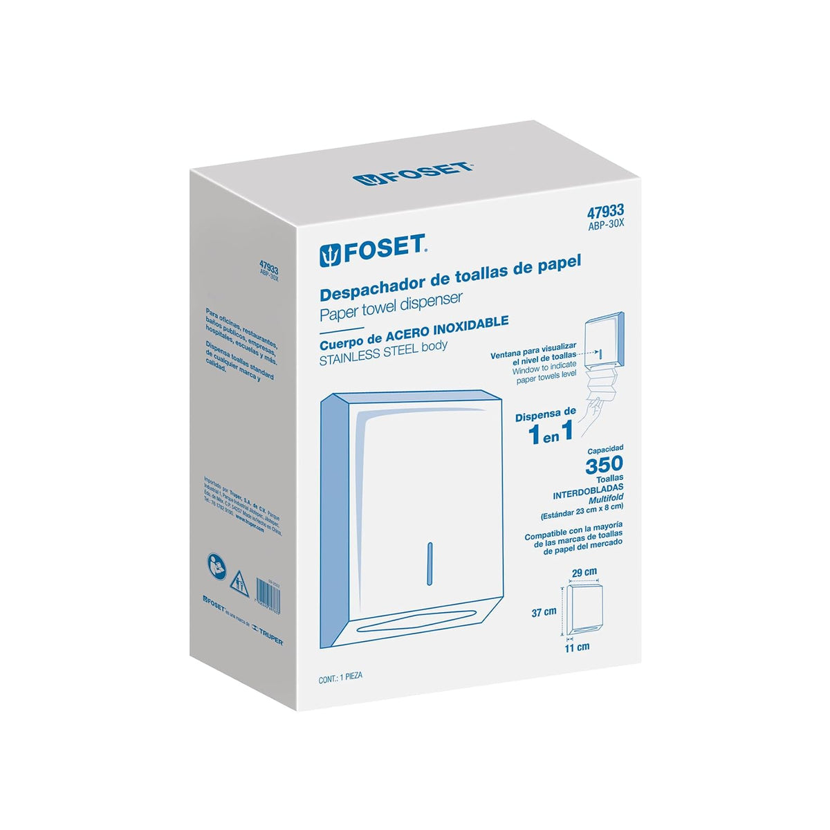 Foset ABP-30X, Dispensador de Acero Inoxidable para Toallas de Papel
