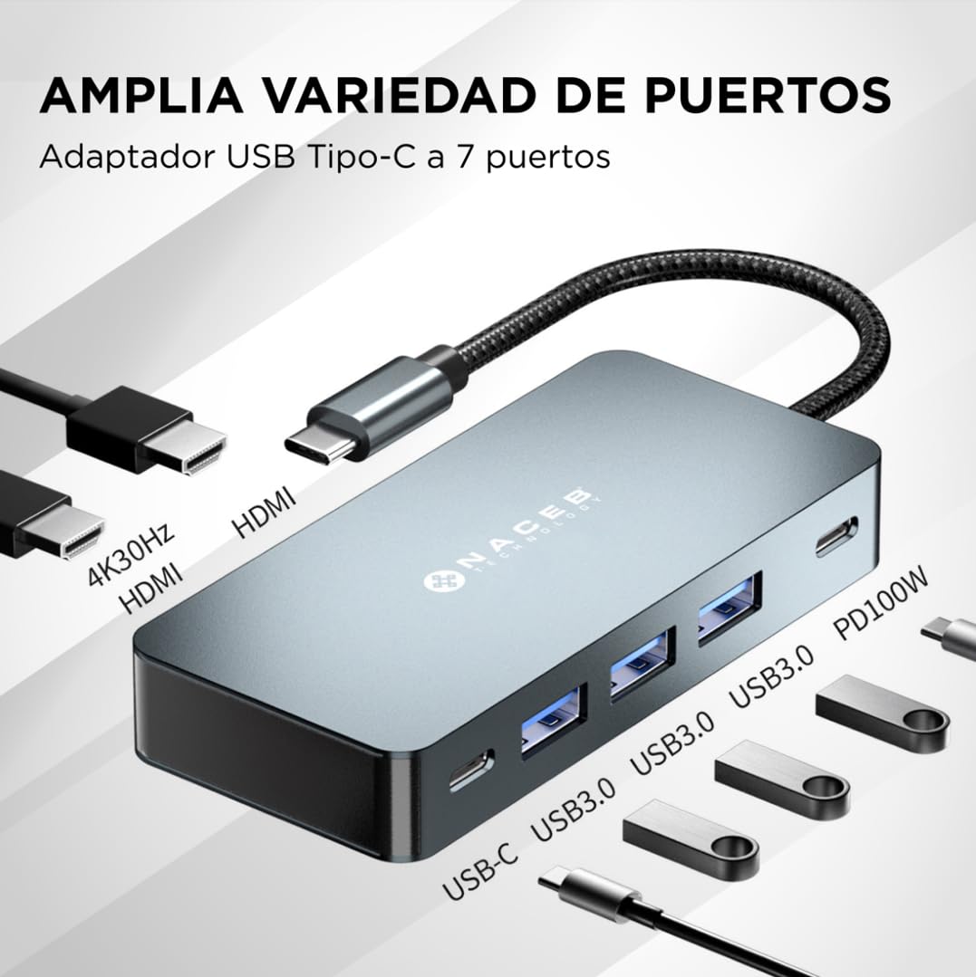 Naceb Technology HUB USB-C 7 en 1 Dual HDMI 4K, Adaptador Multipuerto con 100W PD Carga Rápida, 3 USB 3.0, 1 USB-C Datos 5Gbps, Estación de Acoplamiento para Laptop, MacBook, iPad y PC, Gris (NA-0147)