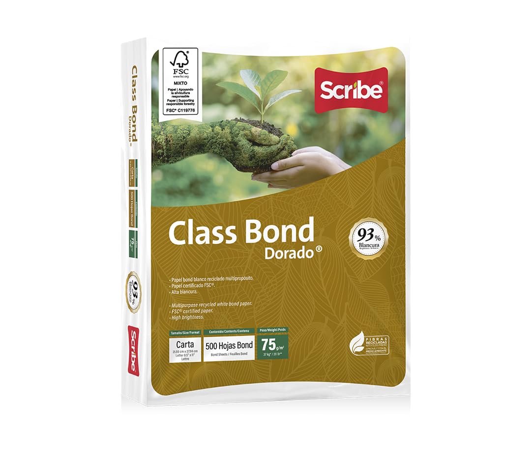 Scribe Class Bond Dorado FSC® | Papel multipropósito | Bond blanco | Tamaño Carta | 1 resma - 500 hojas | Reciclado y certificado | Alta blancura
