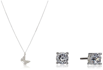 Nine West Juego de Collar y Aretes Mariposa | Plata, diseño colgante y botón, acero inoxidable, pouch incluido