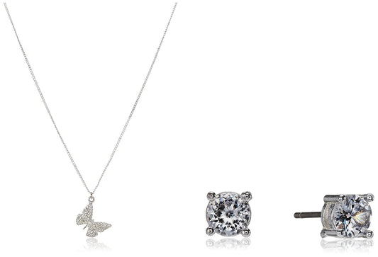 Nine West Juego de Collar y Aretes Mariposa | Plata, diseño colgante y botón, acero inoxidable, pouch incluido