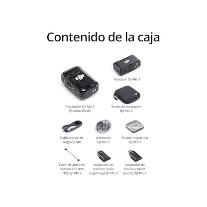 DJI Mic 2 (1 TX+1 RX) | micrófono inalámbrico con cancelación de ruido inteligente, grabación interna flotante de 32 bits, sonido optimizado