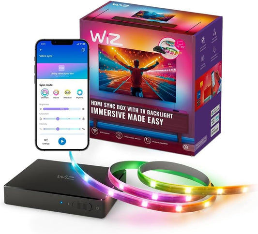 WiZ Sistema HDMI Sync Box + Tira Inteligente TV 75”-85” con luz multicolor que se sincronizan con tu contenido favorito y es compatible con Alexa