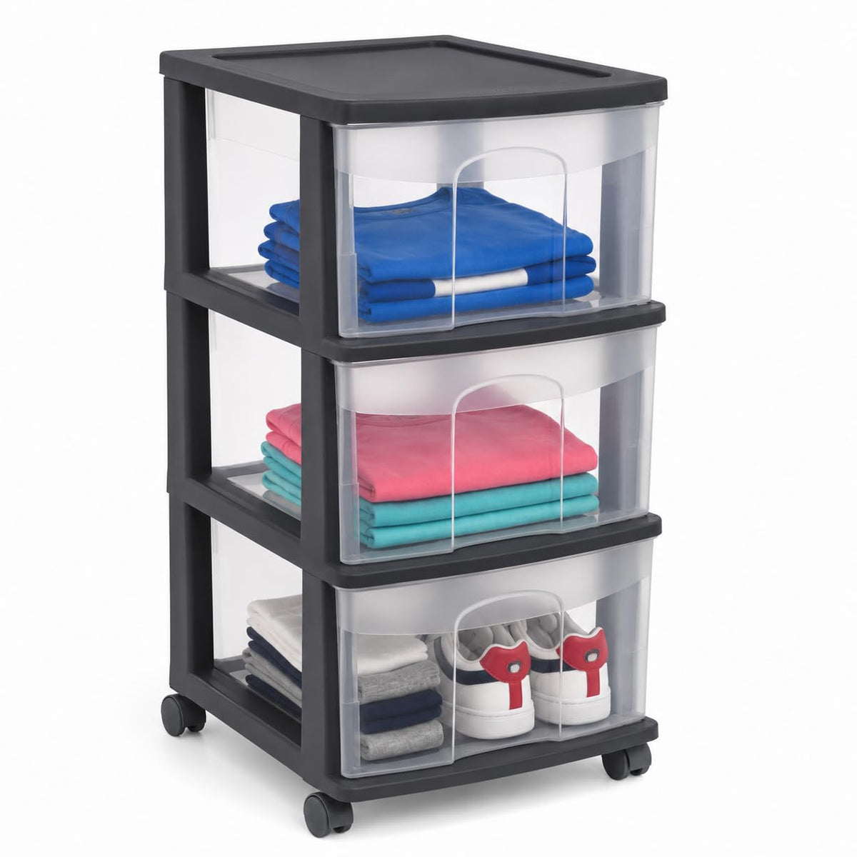 Italhome Cajonera FOX 3 de Plástico con Ruedas 3 Cajones Transparentes, Organizador Multiusos Móvil para Hogar y Oficina, Mueble Ligero Resistente, Color Negro
