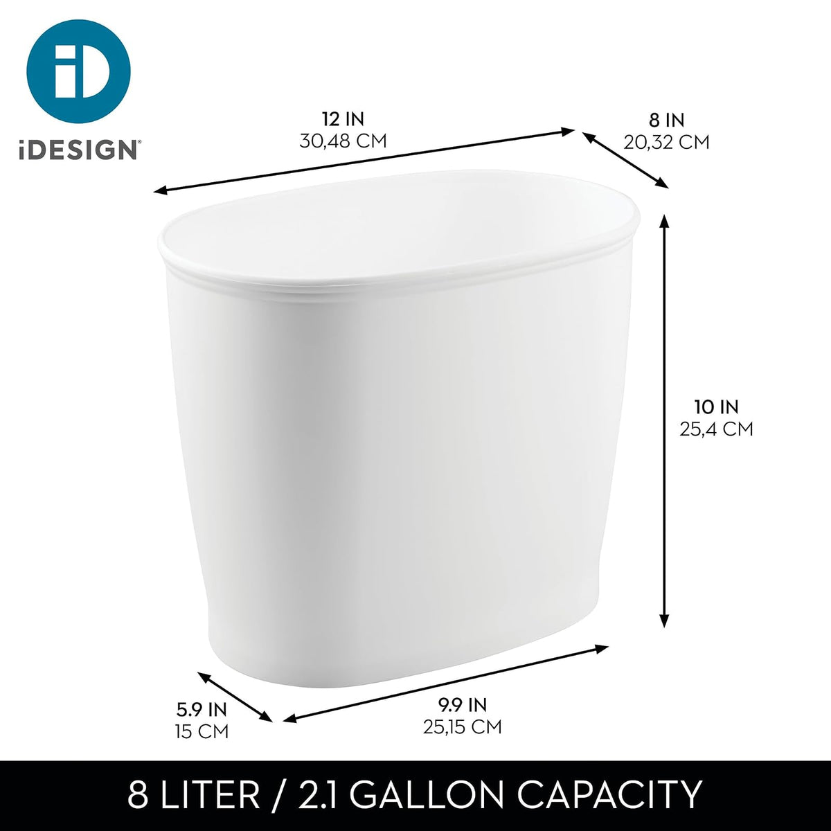 InterDesign 93441 Kent Oval Wastebasket Trash Can for Bathroom, Kitchen, Office, White