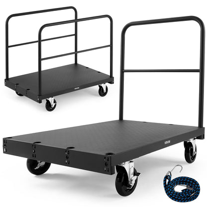 VEVOR Carro Portaplatos, Capacidad de Carga de 816 kg, 2 en 1 con Ruedas Giratorias de 360°, con 3 Pasamanos Laterales, Ayuda para Fábricas, Almacenes y Garajes, Color Negro, 914 x 610 x 878 mm