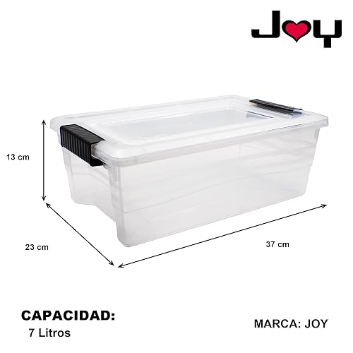 JOY Caja de Almacenamiento de Plástico Paquete de 3, Organizadora Apilable con Broche, Contenedor de 7 Litros. Tapa Duradera e Ideal para Organizar Zapatos, Ropa y Juguetes (37x23x13 cm)