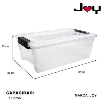 JOY Caja de Almacenamiento de Plástico Paquete de 3, Organizadora Apilable con Broche, Contenedor de 7 Litros. Tapa Duradera e Ideal para Organizar Zapatos, Ropa y Juguetes (37x23x13 cm)
