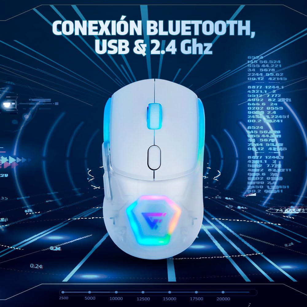 GAME FACTOR MOW700-WH Mouse Gamer Inalámbrico - Sensor Pixart 3395, 26000 dpi, RGB, Bluetooth/2.4GHz, 3 Carcasas, Batería 600mAh, 20M Clics, Ideal para PC Gaming Color Blanco