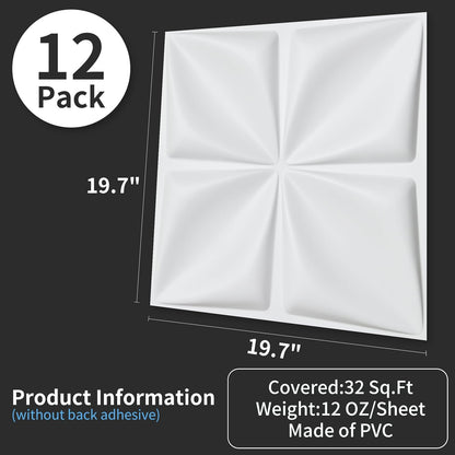 Art3d 19.7 x 19.7 pulgadas (paquete de 12) paneles de pared 3D de hojas de la suerte de PVC para decoración intermedia, sala de estar, fondo de TV, oficina, blanco