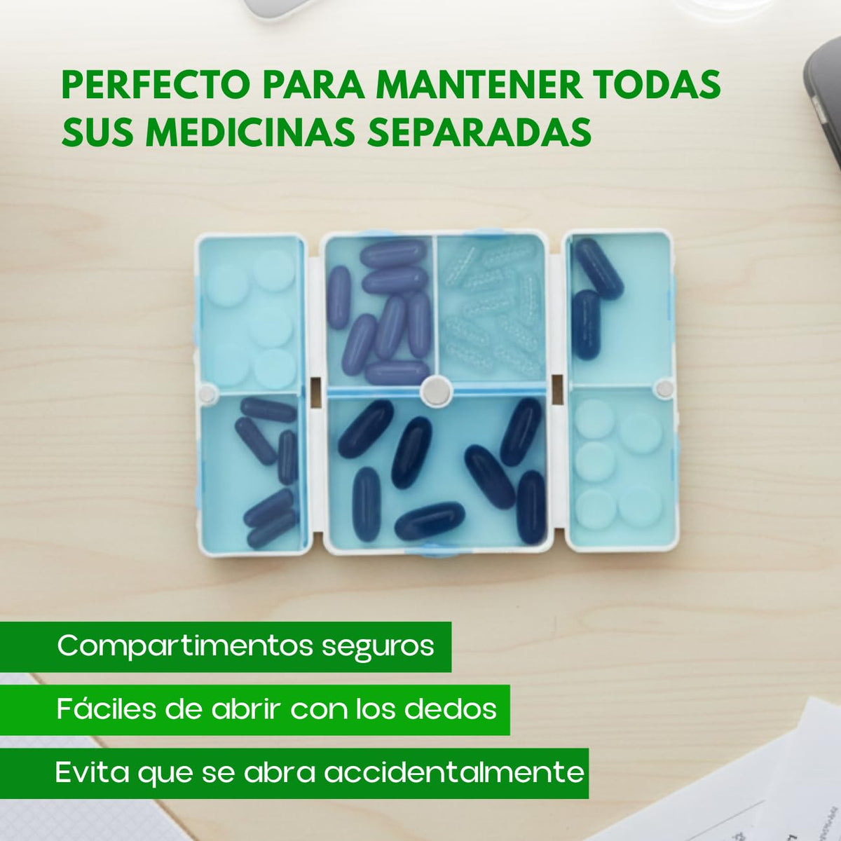 Pastillero de plástico plegable con broche magnético y 8 compartimentos.Organizador de pastillas y medicinas. Pastillero portatil