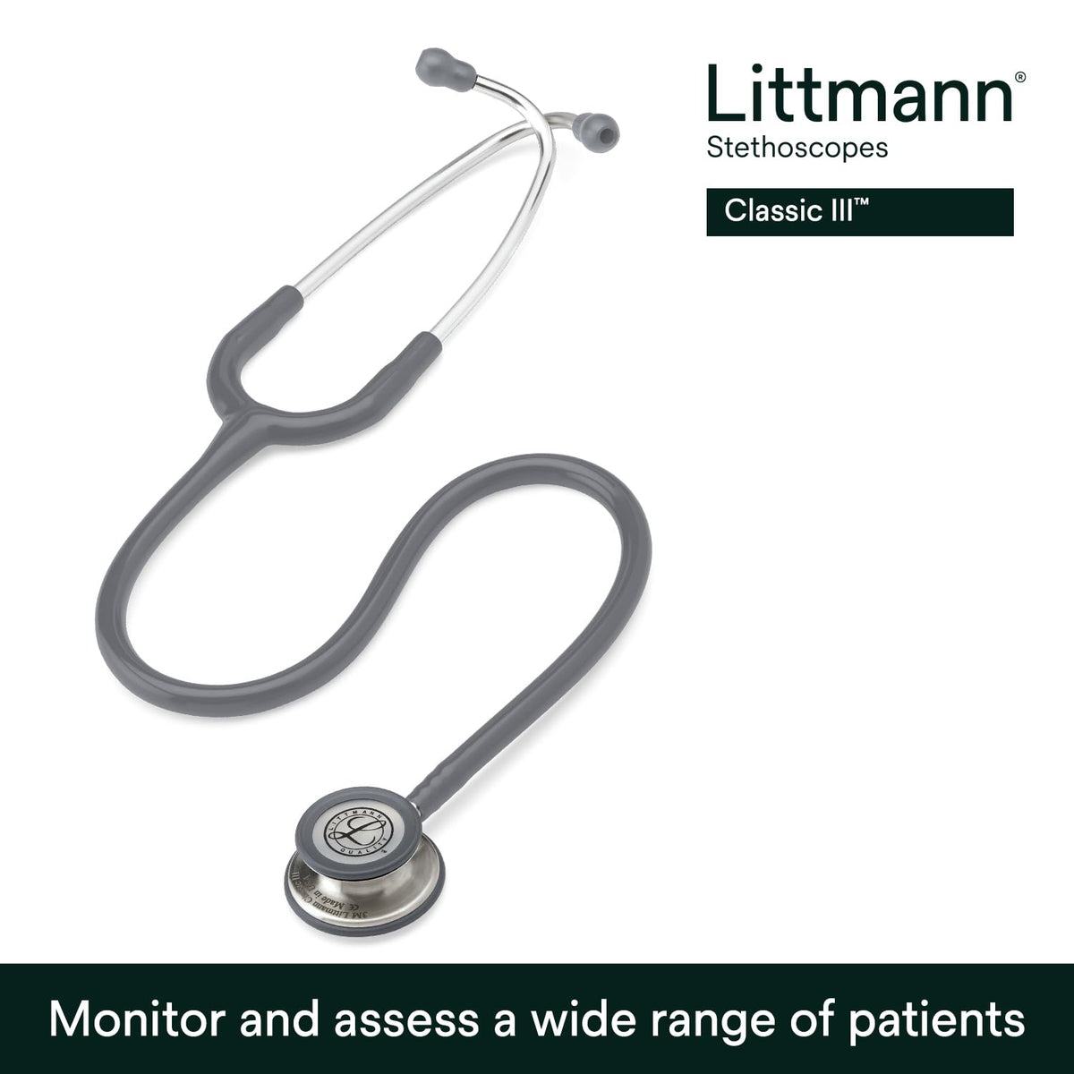3M Littmann Estetoscopio Classic III, Manguera Color Gris, Acabado Standard, 69 cm (Modelo 5621)
