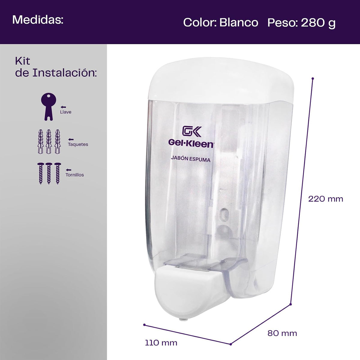 Gel Kleen. Jabonera Rellenable Jabón Espuma. 1000ml. Blanco
