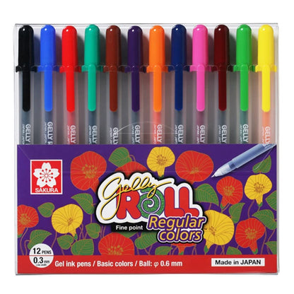 Set de 12 plumas gel SAKURA Gelly Roll en colores regulares para escritura y creatividad.