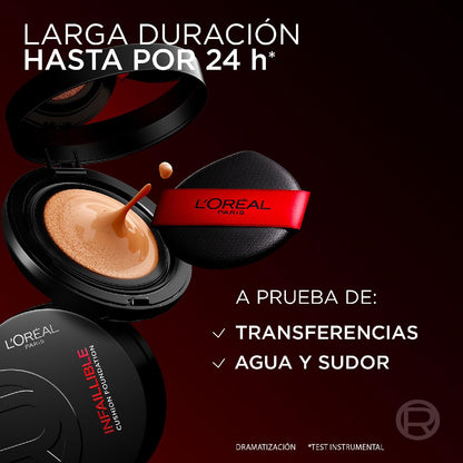 L'Oréal Paris Infallible 24h Fresh Wear cushion foundation, base de maquillaje en cushion tono 127- Alta cobertura y acabado mate natural con larga duración hasta por 24h.
