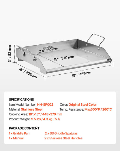 VEVOR - Plancha de acero inoxidable, placa rectangular universal de 18 x 16 pulgadas, plancha de parrilla de gas para parrilla de barbacoa, Teppanyaki, utensilios de cocina familiar portátil con asa,