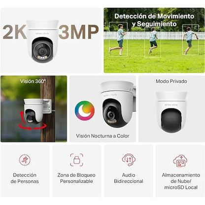 MERCUSYS MC510 Cámara de Seguridad WiFi Exterior - Resolución 2K - Cobertura 360° - Visión Nocturna a Color - Detección de Movimiento - Alarma de Luz y Sonido - 512GB - App Protección IP65