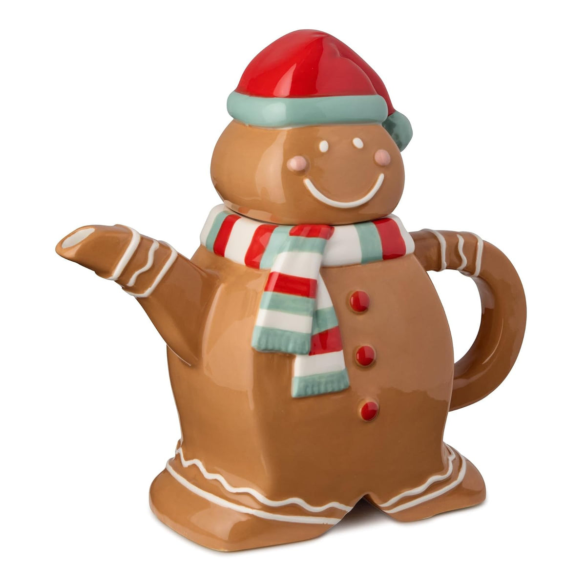 Tetera de pan de jengibre de Navidad Whimsy – Tetera de cerámica 3D con sombrero rojo festivo y bufanda, decoración de cocina, vajilla de Navidad de regalo, cacao y tetera para entretenimiento