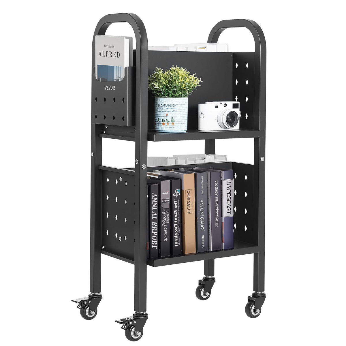 VEVOR Carro para Libros de 2 Niveles Estantería de Libros con Ruedas 45 x 33 x 88 cm Estante de Almacenamiento en Forma de L Doble Caro Carro Rodante para , Oficina, Escuela, Negro