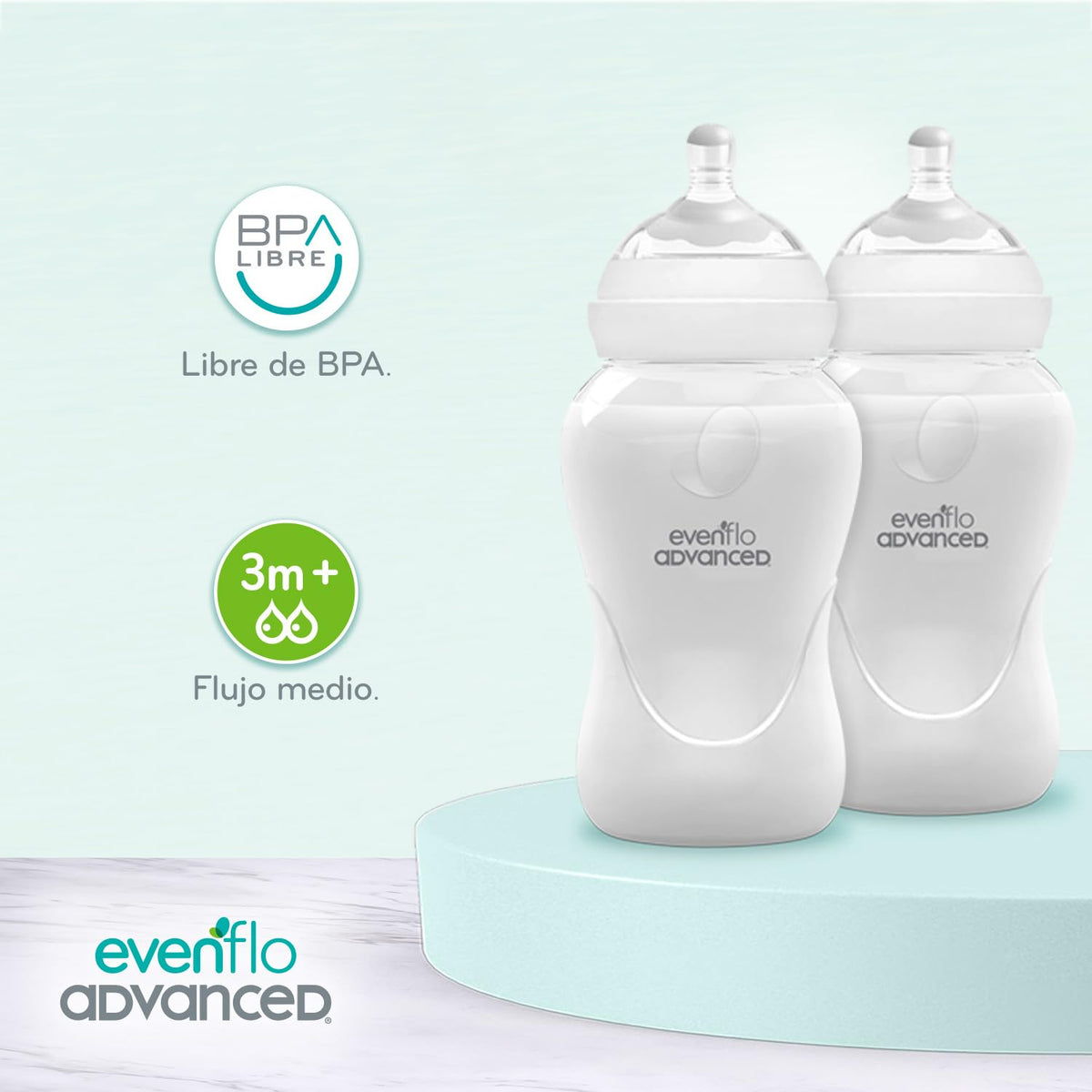 Evenflo Advanced Biberón Anticólicos Avanzado, Cuello Ancho, Transparente, 270ml, 2 Piezas, Flujo Medio, Silicón Grado Alimenticio, Sistema Doble Válvula, para Bebés desde 3 Meses