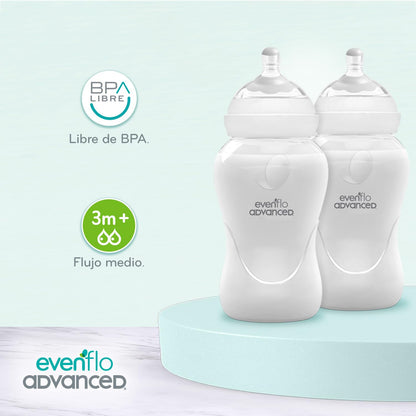 Evenflo Advanced Biberón Anticólicos Avanzado, Cuello Ancho, Transparente, 270ml, 2 Piezas, Flujo Medio, Silicón Grado Alimenticio, Sistema Doble Válvula, para Bebés desde 3 Meses