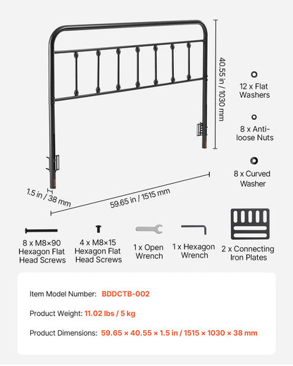 VEVOR Cabecero de Metal Cabecero de Tamaño Queen 1515 x 1030 x 38 mm con Altura Ajustable Combina Estilos Vintage y Modernos para Camas de Hotel, Casa de Familia, Alojamiento Privado, Negro