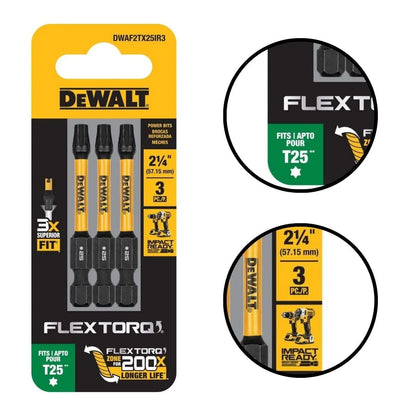 DEWALT FLEXTORQ - Brocas Torx T25, 3 unidades, 1/4 x 2-1/4 pulgadas para destornilladores de impacto y taladros, vástago hexagonal (DWAF2TX25IR3)