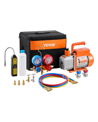 VEVOR 4.5 CFM AC Vacuum Pump and Gauge Set, Single Stage Rotary Vane HVAC Air Vacuum Pump, A/C Refrigerant Manifold Gauge Kit, with Leak Detector Hoses, for R134a, R12, R22, R502a, R410A, R404, R407C