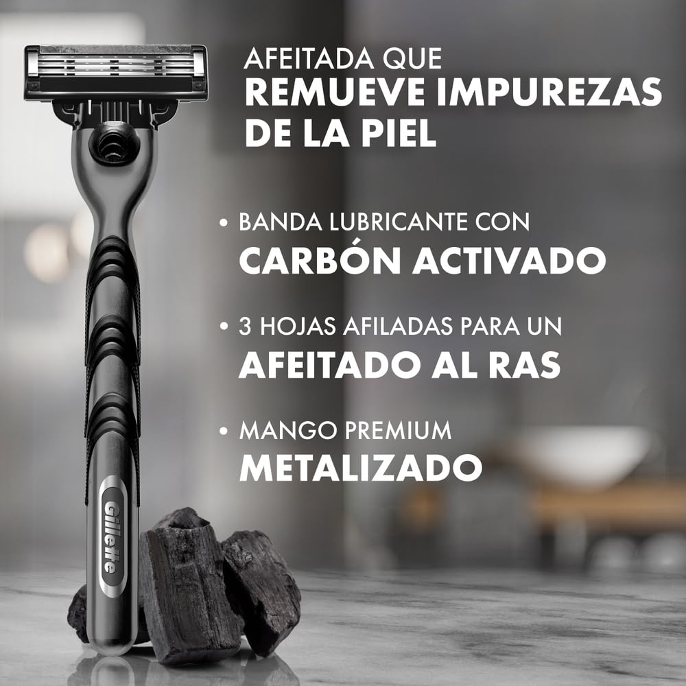Gillette Mach3 Carbono, Cartucho De Rastrillo Para Afeitar, 4 Repuestos Con Carbón Activado Y 3 Hojas Para Rasurar La Barba, Rastrillo Para Hombre Caja