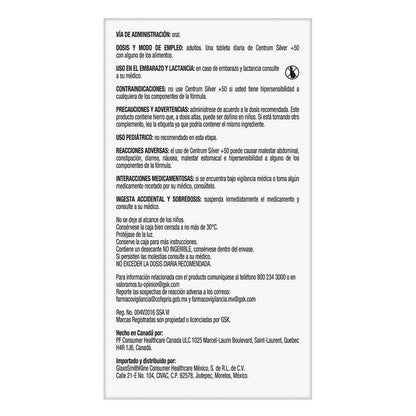 Centrum Multivitamínico Silver +50 con Magnesio, Vitamina C, Calcio, Potasio y Zinc, 30 Tabletas