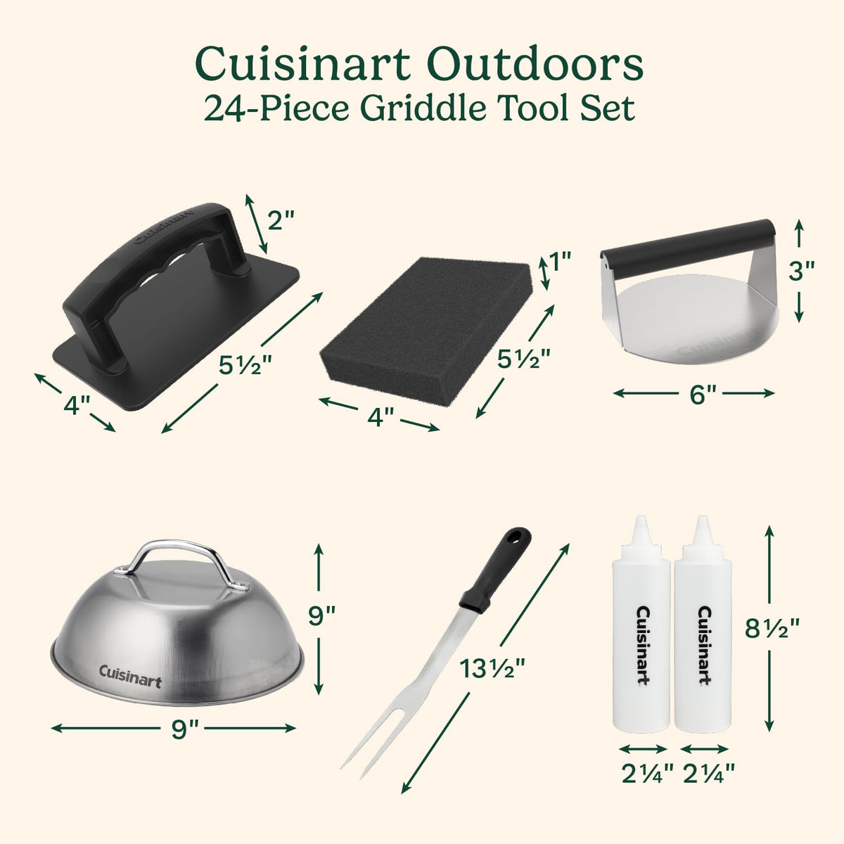 Cuisinart - Juego de Herramientas para Plancha de 24 Piezas con Bolsa de Almacenamiento, Accesorios de Plancha Plana de Acero Inoxidable con espátulas, cúpula derretidora, Prensa para Hamburguesas
