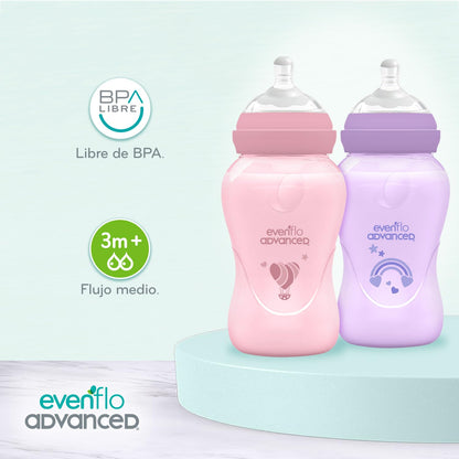 Evenflo Advanced Biberones Anticólicos Cuello Ancho, Rosa y Lila, Flujo Medio, 270ml, Silicón Libre de BPA, Sistema Doble Válvula, 2 Piezas