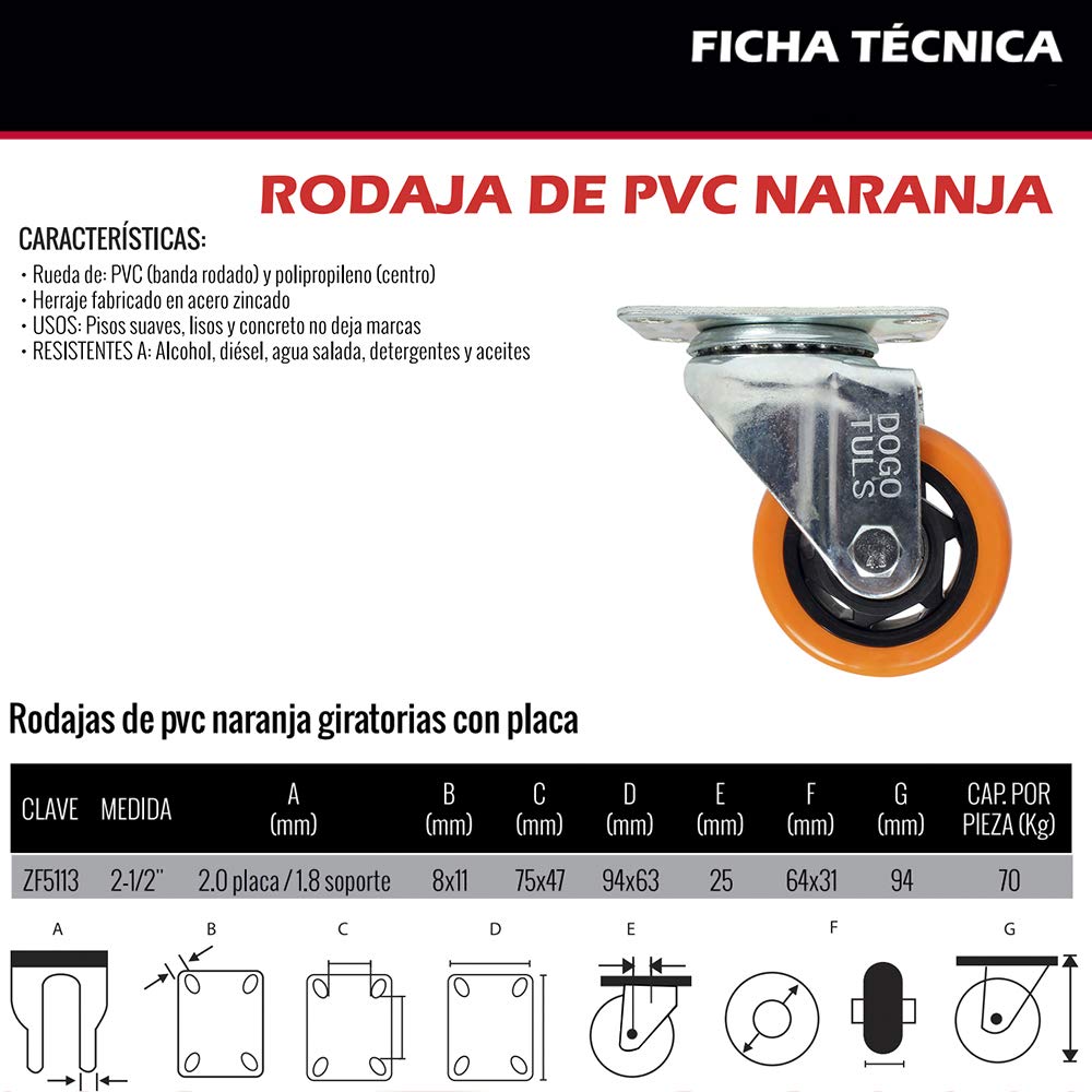 Dogotuls ZF5113 Rodaja PVC Giratoria, color Naranja, 2 x 1/2"