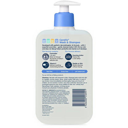 CeraVe Baby Wash Y Shampoo 16 Oz | Limpieza 2 en 1, Libre de Lágrimas, Sin Fragancia, Parabenos, Tintes, Ftalatos, Sulfatos, Con Vitamina E