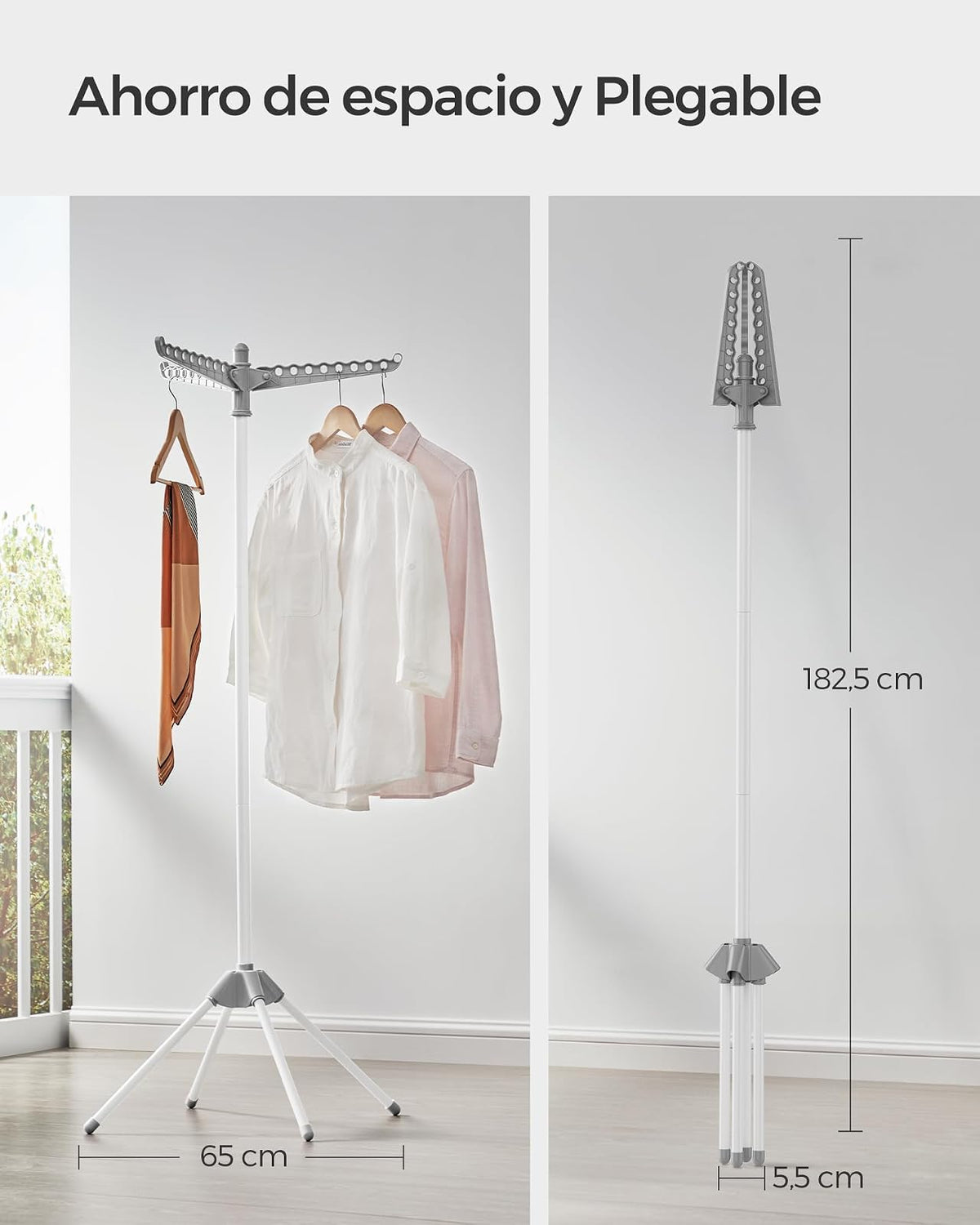 SONGMICS Tendedero de Ropa, Plegable, 3 Brazos Giratorios, Alto 150 cm | Tendedero para Perchas, de Interior, de 4 Patas, Blanco Mate y Gris, Colección BUNJI MLLR510G01