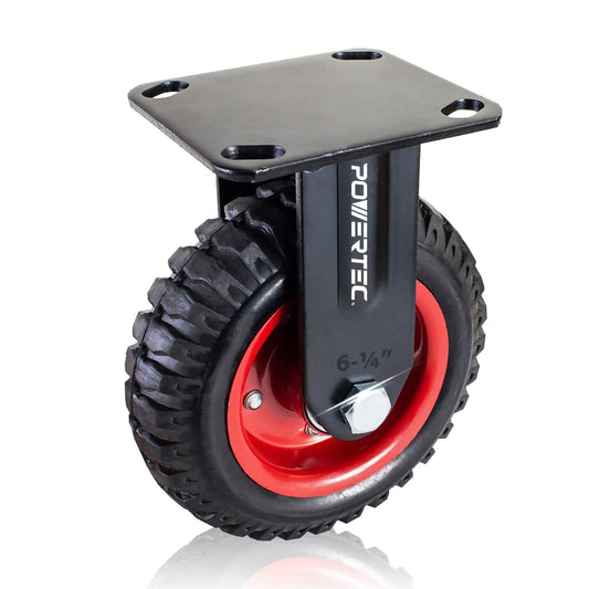 POWERTEC Ruedas Giratorias Fijas Placa 6 Pulgadas | Ruedas Grandes, Resistente Goma Banda Rodadura, Capacidad 350 lbs, Yugo Acero