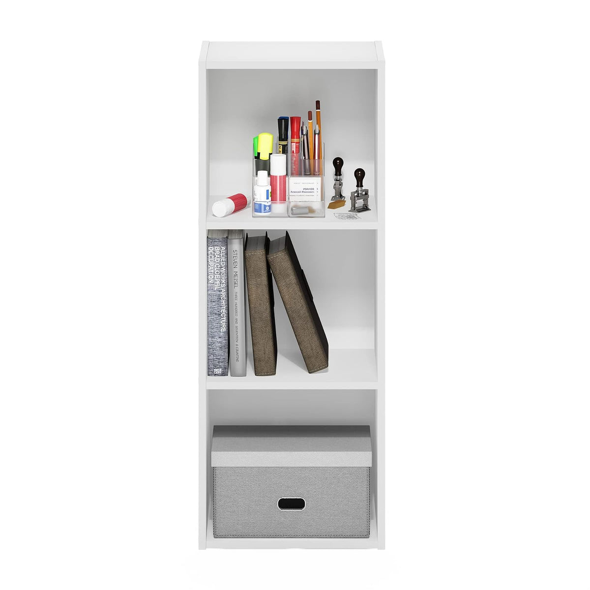 Furinno Pasir Estantería Abierta de 3 Niveles sin Herramientas, Blanco | 22,86 x 30,48 x 81,28 cm, para sala de estar, dormitorio, oficina en casa