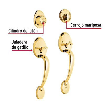 Hermex CEP-11JJ, Cerradura entrada, latón brillante, mariposa, jaladera