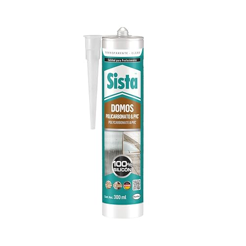 Sista Domos Policarbonato & PVC Transparente 300 ml, Sellador Profesional 100% Silicón, Gran Adhesión, Flexible, Resiste Rayos UV, Manchas y Corrosión, para Juntas de Expansión, Tuberías y Ventanas