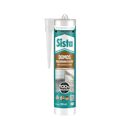 Sista Domos Policarbonato & PVC Transparente 300 ml, Sellador Profesional 100% Silicón, Gran Adhesión, Flexible, Resiste Rayos UV, Manchas y Corrosión, para Juntas de Expansión, Tuberías y Ventanas