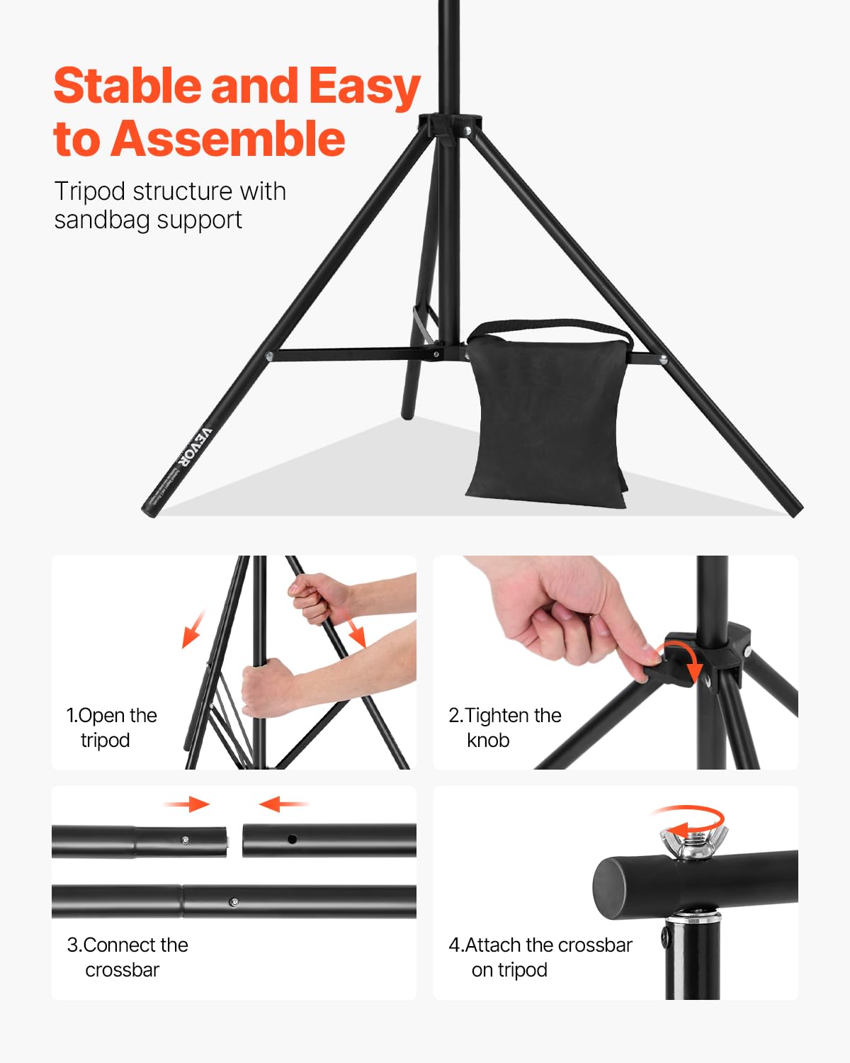 VEVOR Soporte de Fondo Ajustable para Tela de Fondo de hasta 213 x 300 cm, Soporte Portátil de Altura Ajustable de 139-306 cm con Varillas para Fotografía Familiar, Estudio de Fotografía, Negro