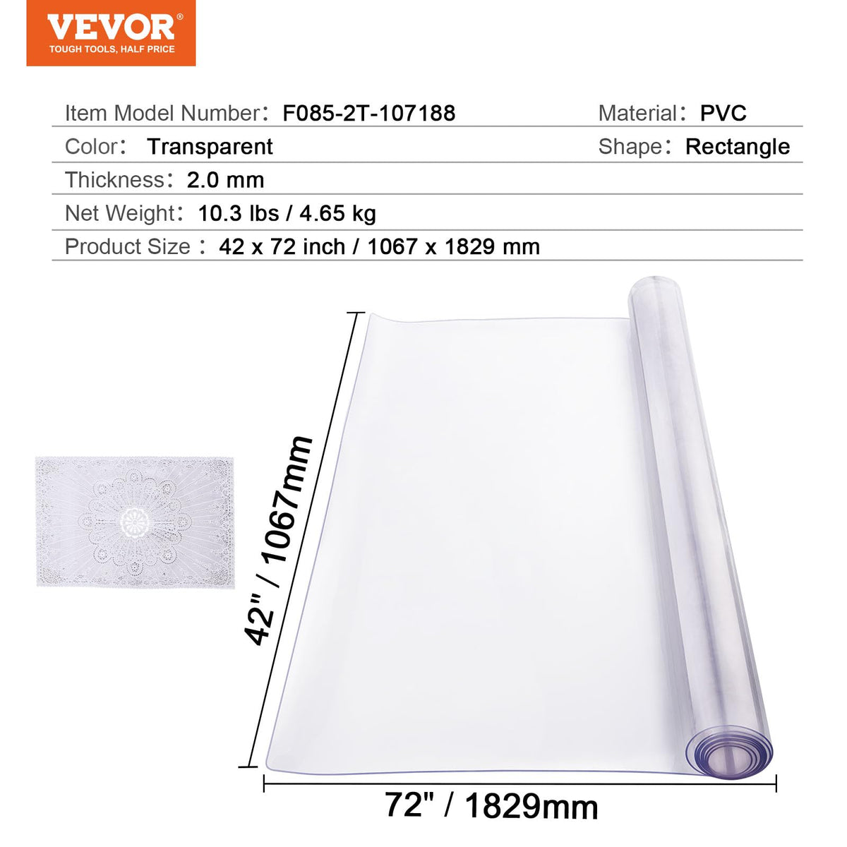 VEVOR Mantel Transparente Rectángulo 106,7x182,9 cm Mantel de PVC para Mesa Espesor de 2 mm Protector de Mesa de PVC Impermeable Fácil de Limpiar para Oficina, Cocina, Restaurante, Comedor